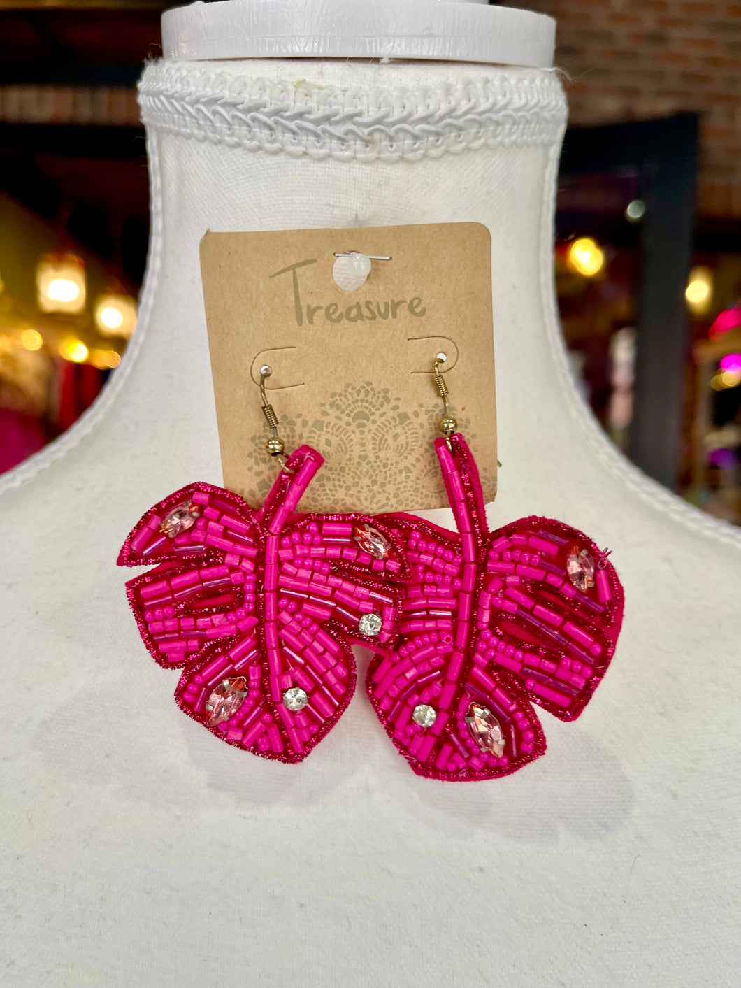 Fuchsia Beaded Monstera Leaf Earrings