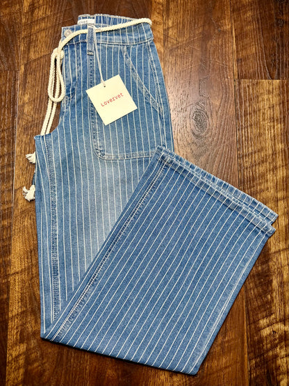 High Rise Striped Drawcord Wide Leg Jeans