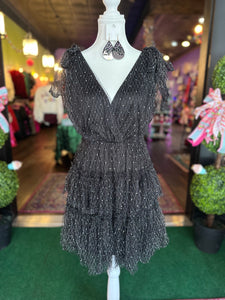 Black Ruffle tiered mesh dress w/ Silver design & Rhinestones