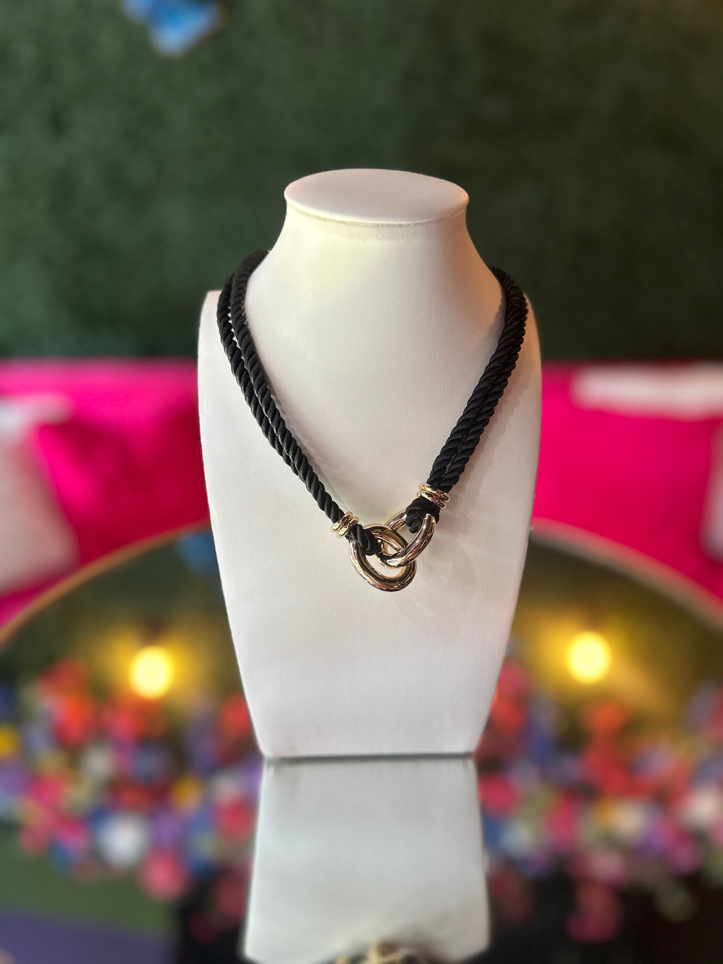 Black Silk Rope & Gold Chain Necklace