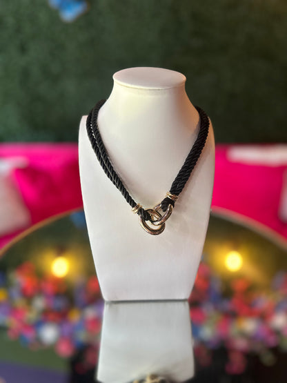 Black Silk Rope & Gold Chain Necklace