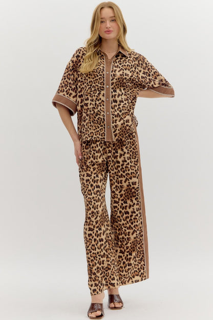 Leopard Print Button Up Top & Pants Set