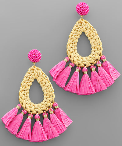 Rattan & Fuchsia Tassel Drop Earrings