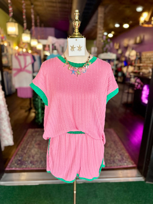 Pink & Kelly Green Top & Shorts Set