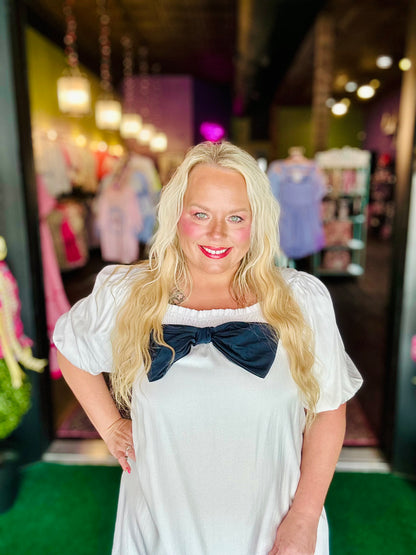 Navy Bow Off White Puff Sleeve Mini Dress