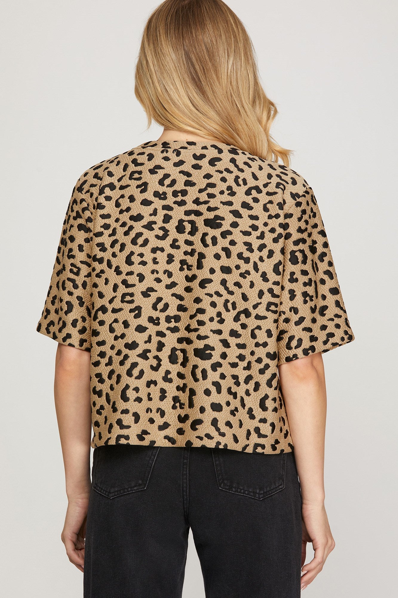 Leopard Half Sleeve Textured Knit Top