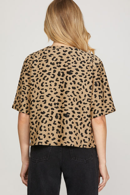 Leopard Half Sleeve Textured Knit Top