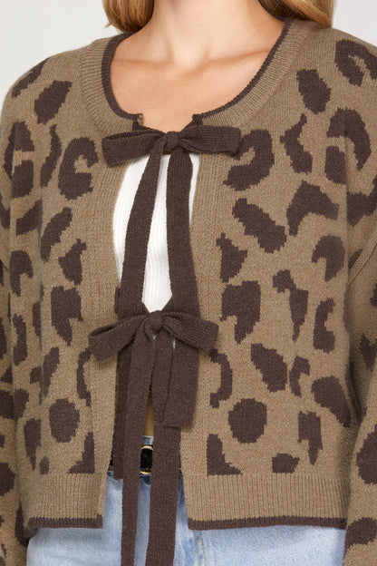 Long Sleeve Leopard Bow Tie Cardigan