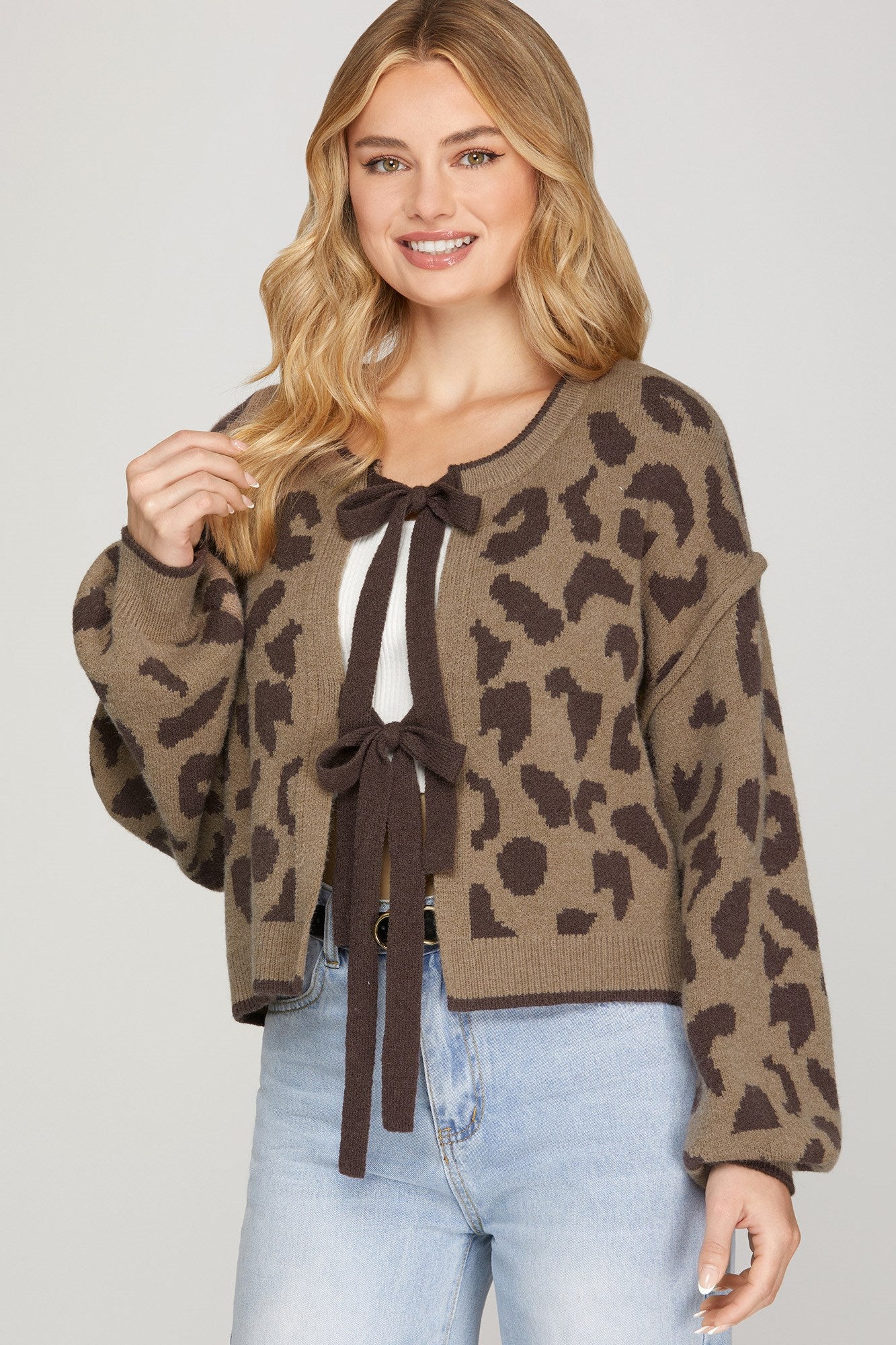 Long Sleeve Leopard Bow Tie Cardigan