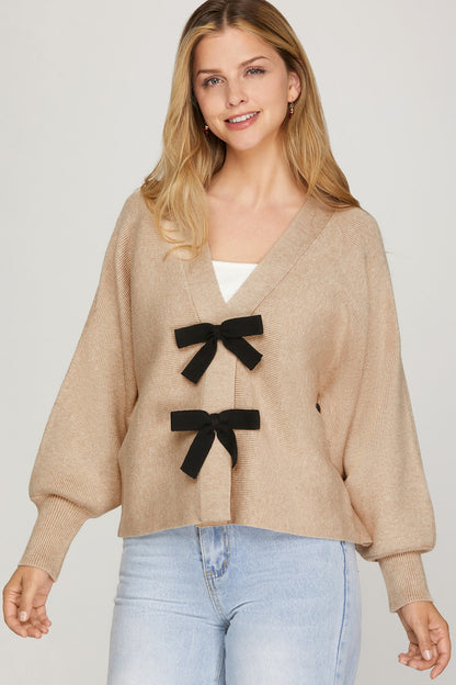 Taupe Long Sleeve Bow Cardigan