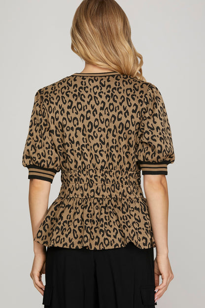 Puff Sleeve Leopard Print Peplum Top