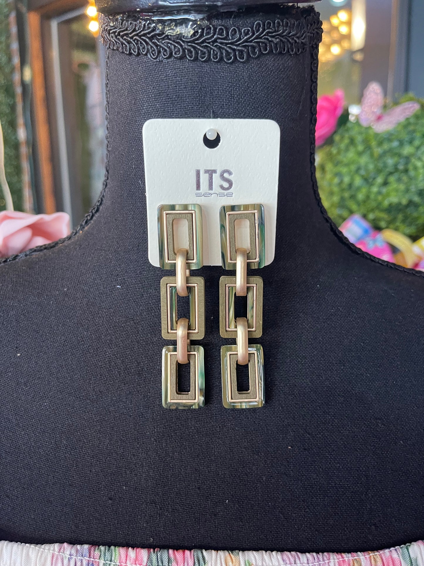 Olive Linked Wooden Rectangle Earrings