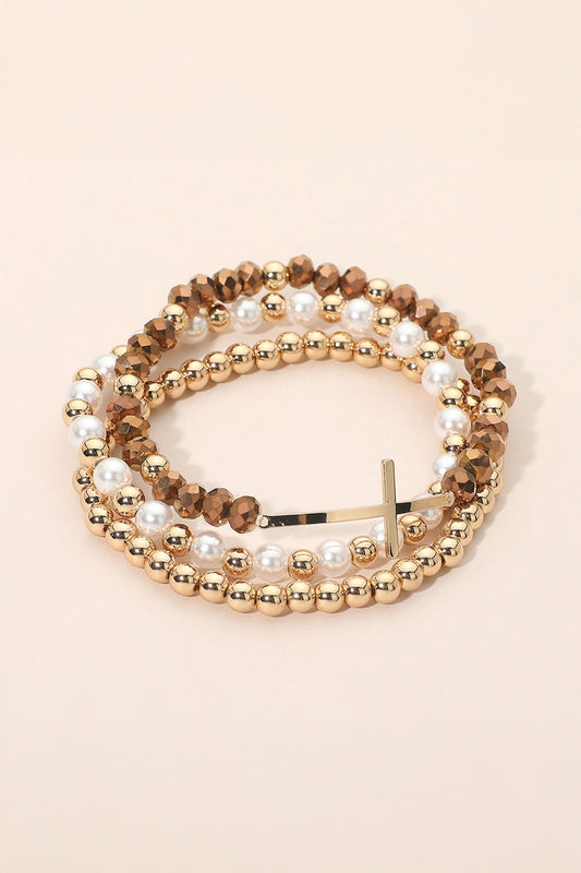 Cross Pearl Beaded Bracelet Set