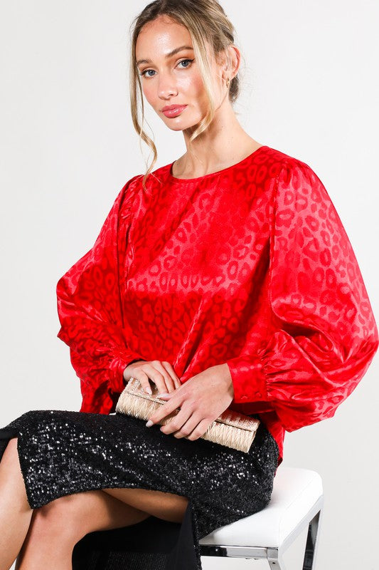 Red Animal Jacquard Satin Blouse