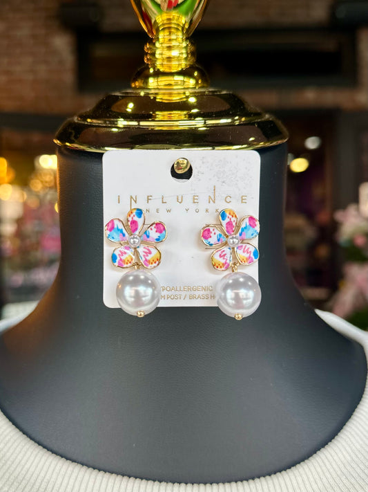 Watercolor Flower & Pearl Drop Earrings