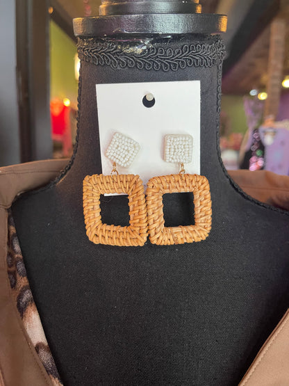 Rattan Open Square Dangle Earrings