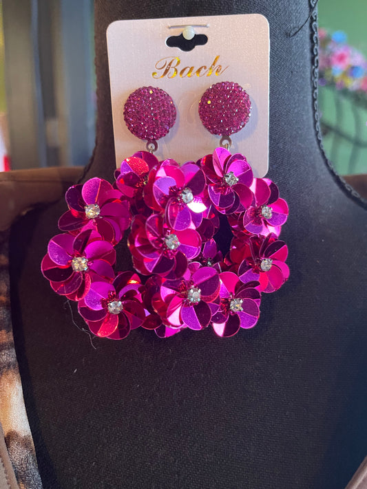 Fuchsia Sequin Flower Wreath Earrings