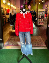 Load image into Gallery viewer, Red Pearl-Embellished Collared Sweatshirt
