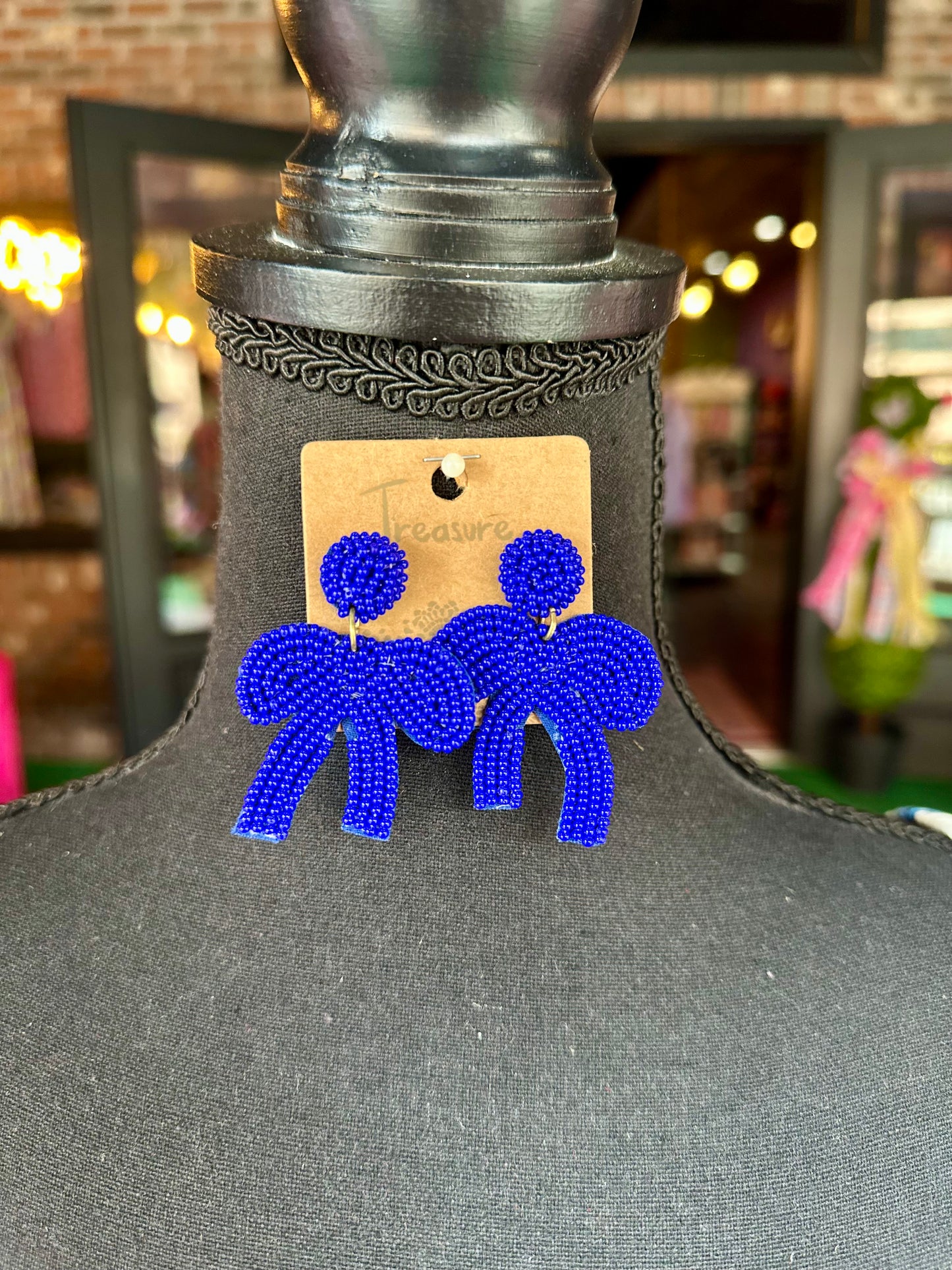 Blue Beaded Bow Earrings