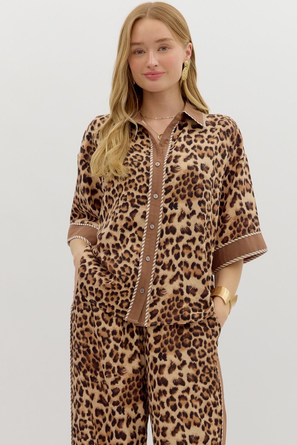 Leopard Print Button Up Top & Pants Set