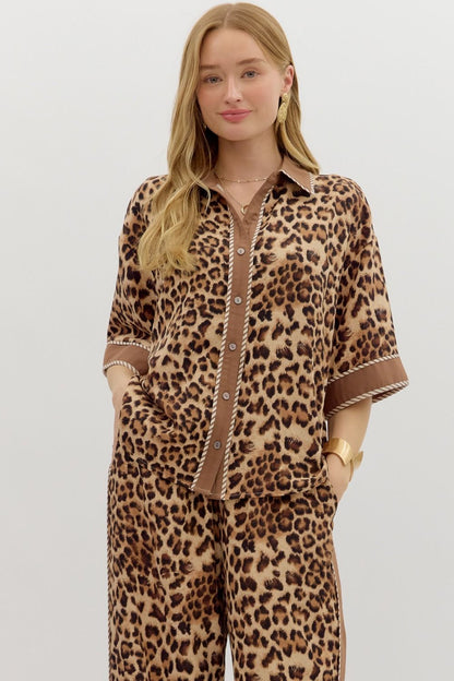 Leopard Print Button Up Top & Pants Set