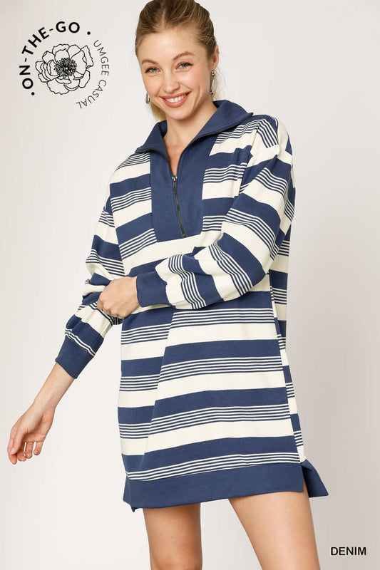 Blue Striped Half-Zip Dress