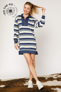 Blue Striped Half-Zip Dress