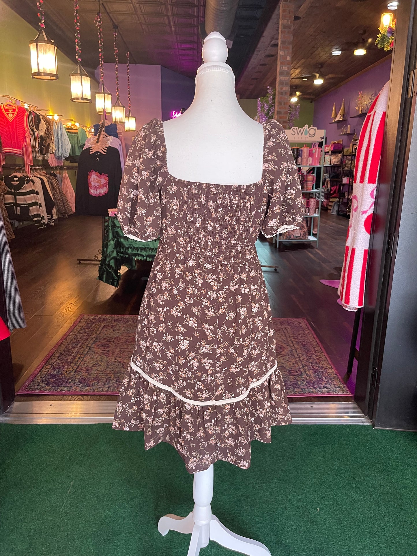 Brown Floral Puff Sleeve Dress