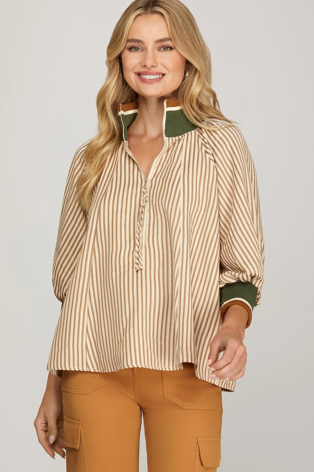Taupe Half Zip Striped Blouse