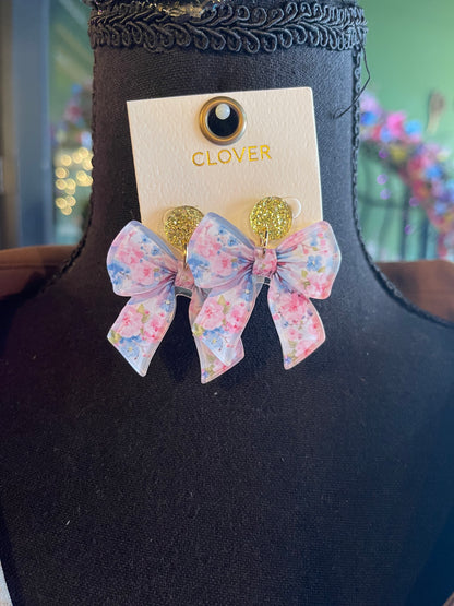 Pink & Blue Flower Printed Bow Earrings