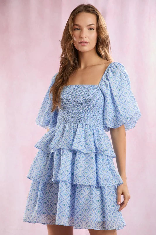 Blue Floral Bubble Sleeve Mini Dress