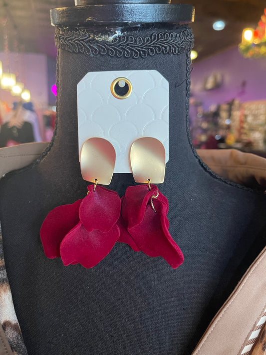 Burgundy Velvet Petal Drop Earrings