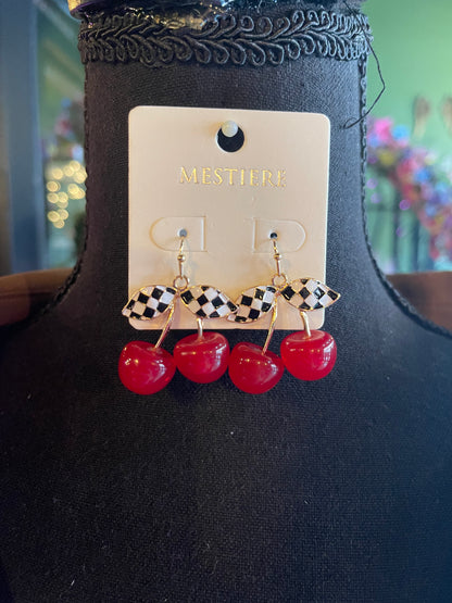 Retro Checkered Cherry Drop Earrings