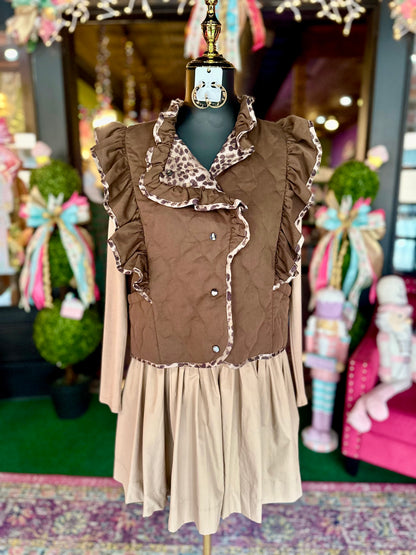 Espresso Sleeveless Ruffle Detail Quilted Vest