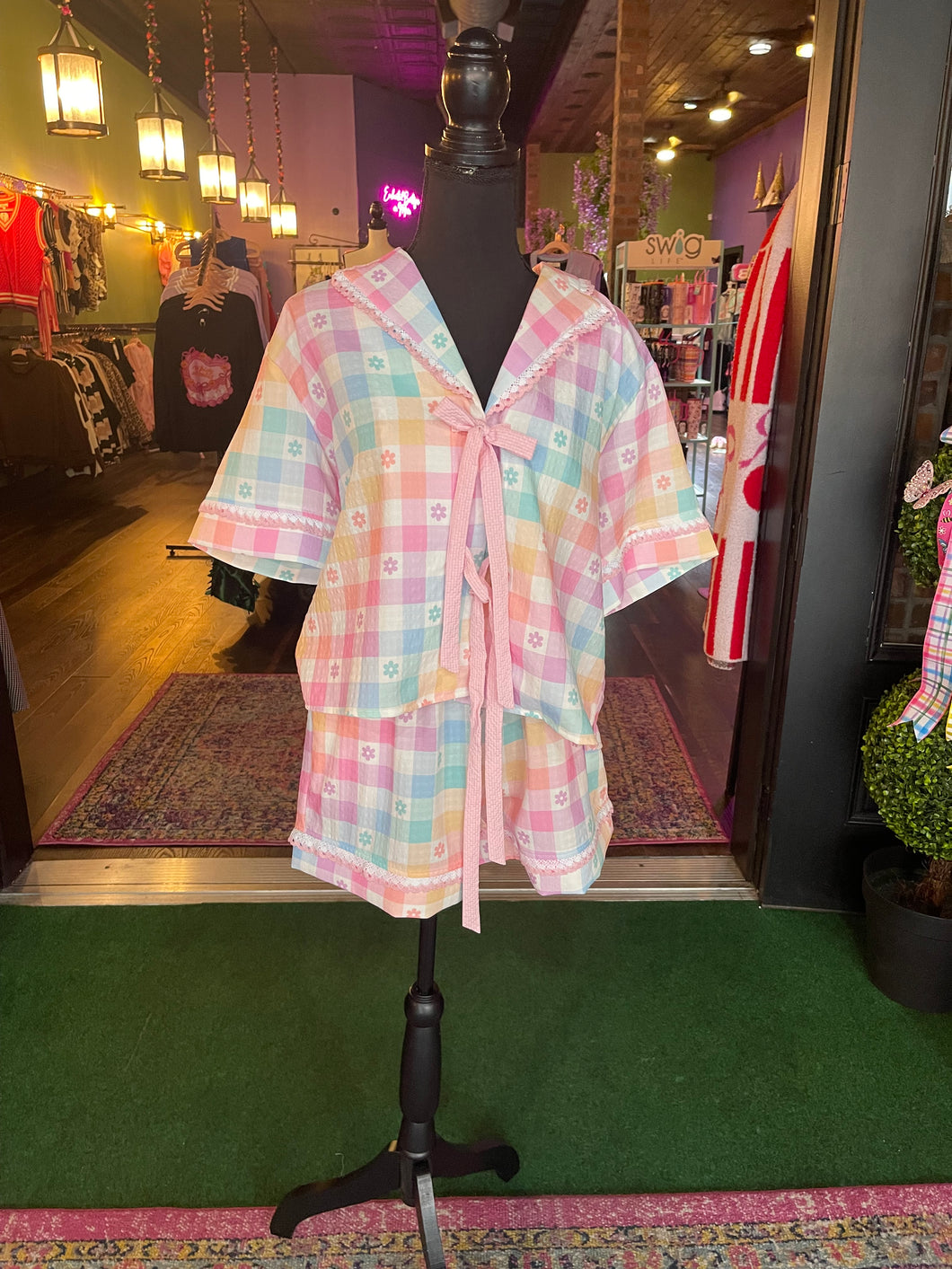 Pastel Daisy Gingham Pajama Set