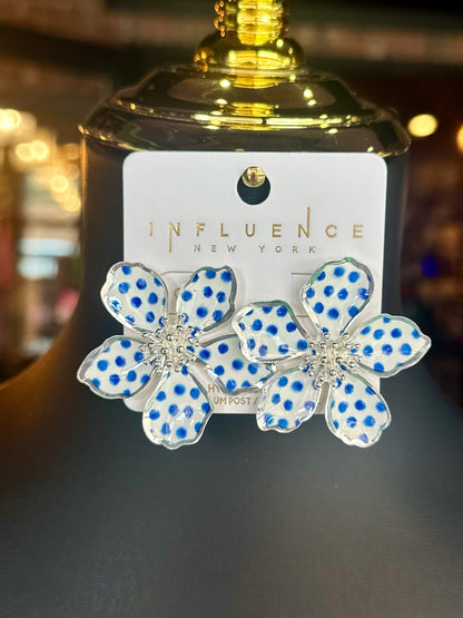 Blue Polkadot Flower Studs
