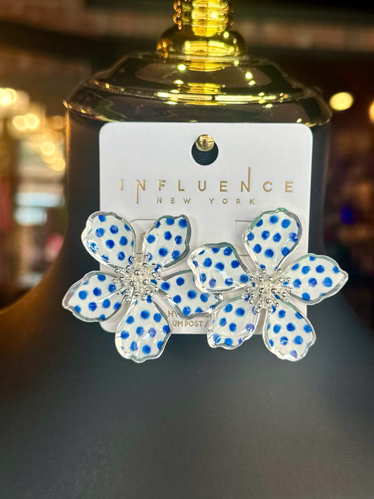 Blue Polkadot Flower Studs