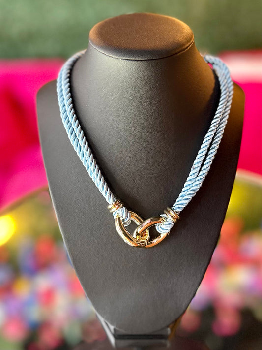 Aqua Silk Rope & Gold Chain Necklace