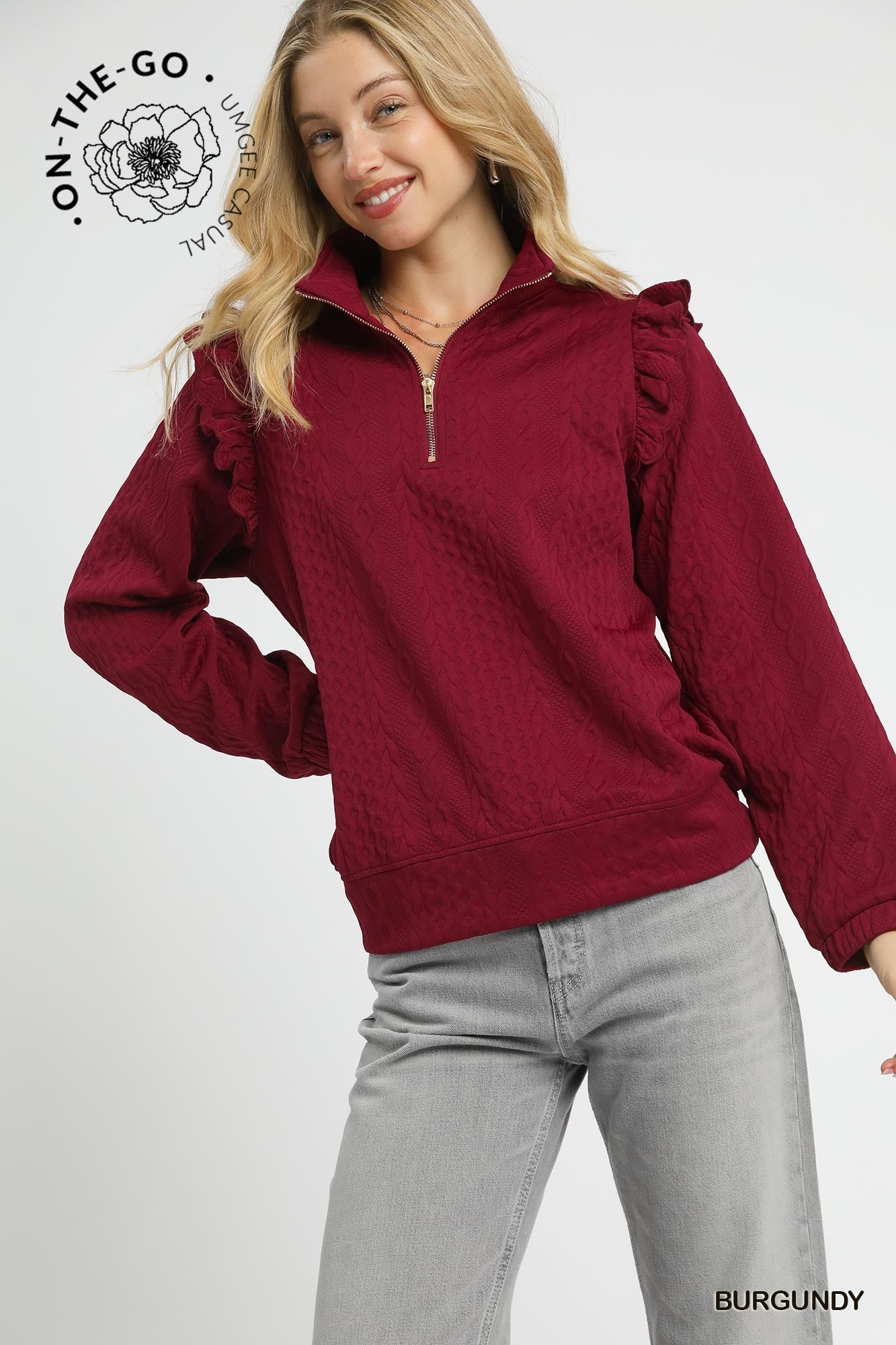 Burgundy Cable Knit Textured Pullover