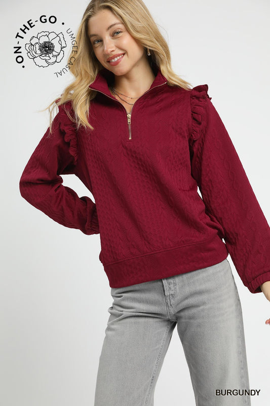 Burgundy Cable Knit Textured Pullover