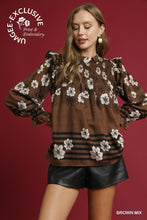 Load image into Gallery viewer, Brown Floral Mix Smocked Ruffle Blouse
