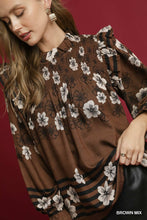 Load image into Gallery viewer, Brown Floral Mix Smocked Ruffle Blouse
