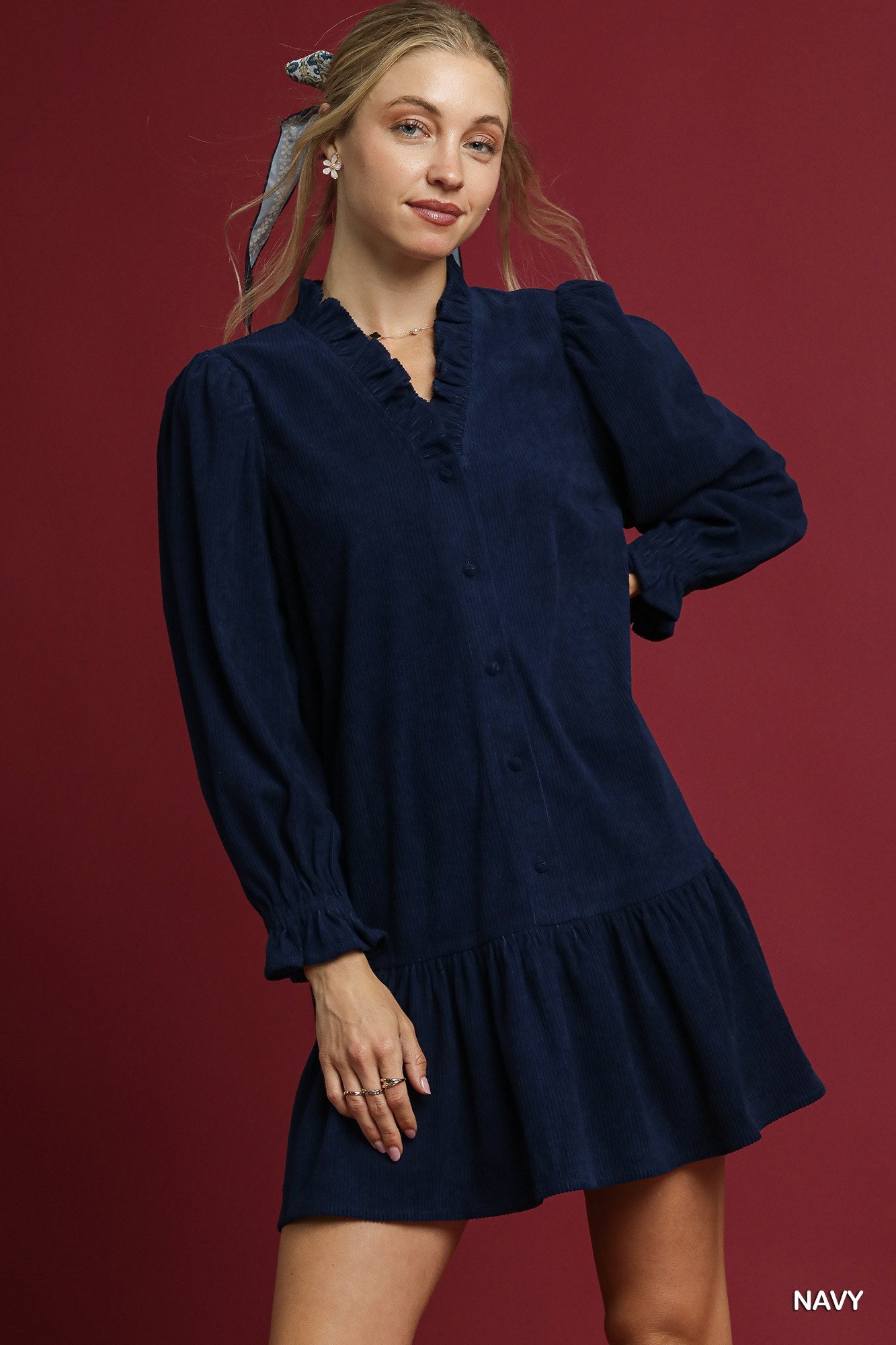 Navy Corduroy Ruffle Trim Babydoll Dress
