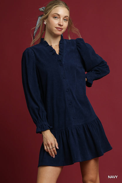 Navy Corduroy Ruffle Trim Babydoll Dress
