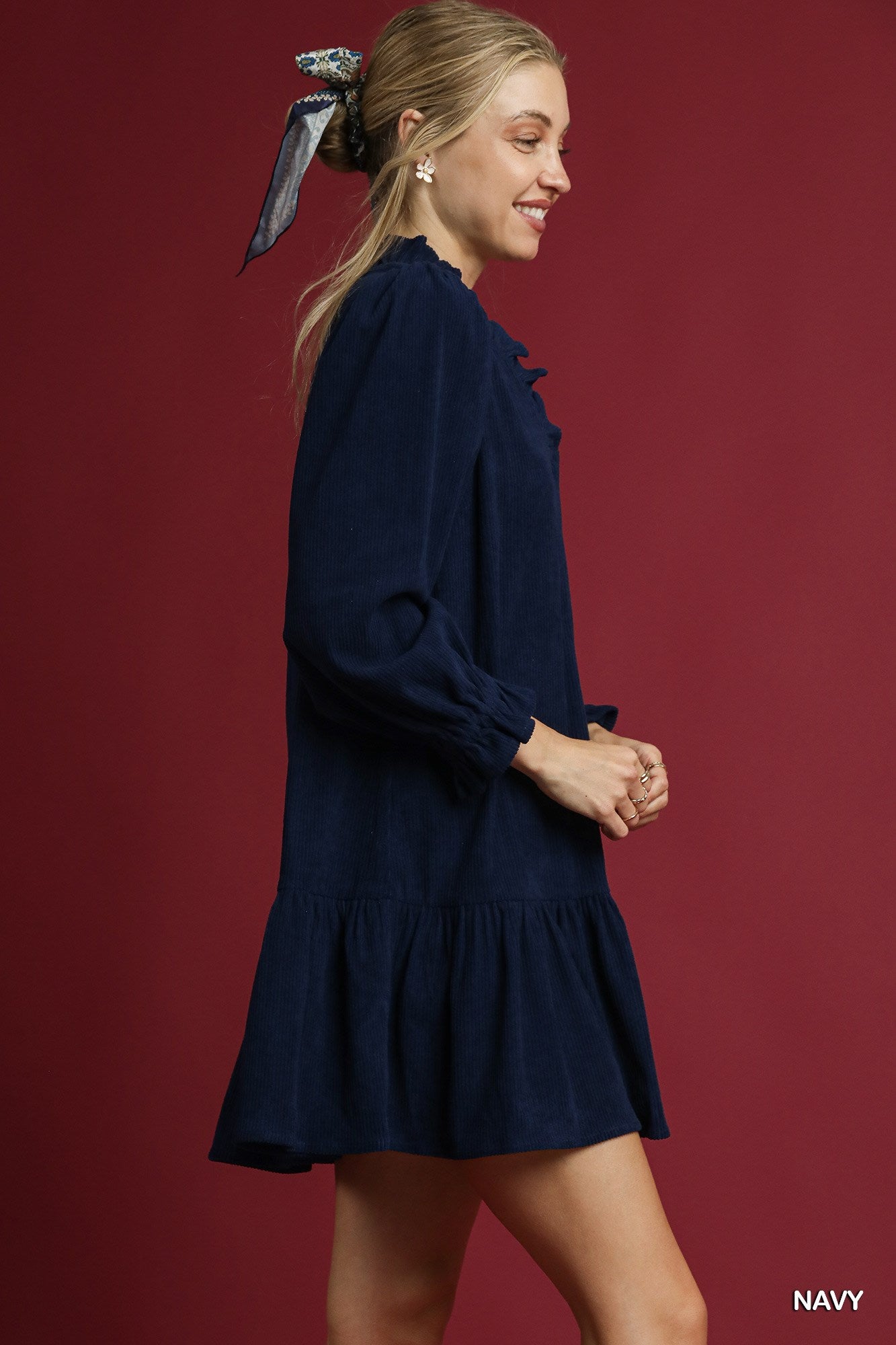 Navy Corduroy Ruffle Trim Babydoll Dress