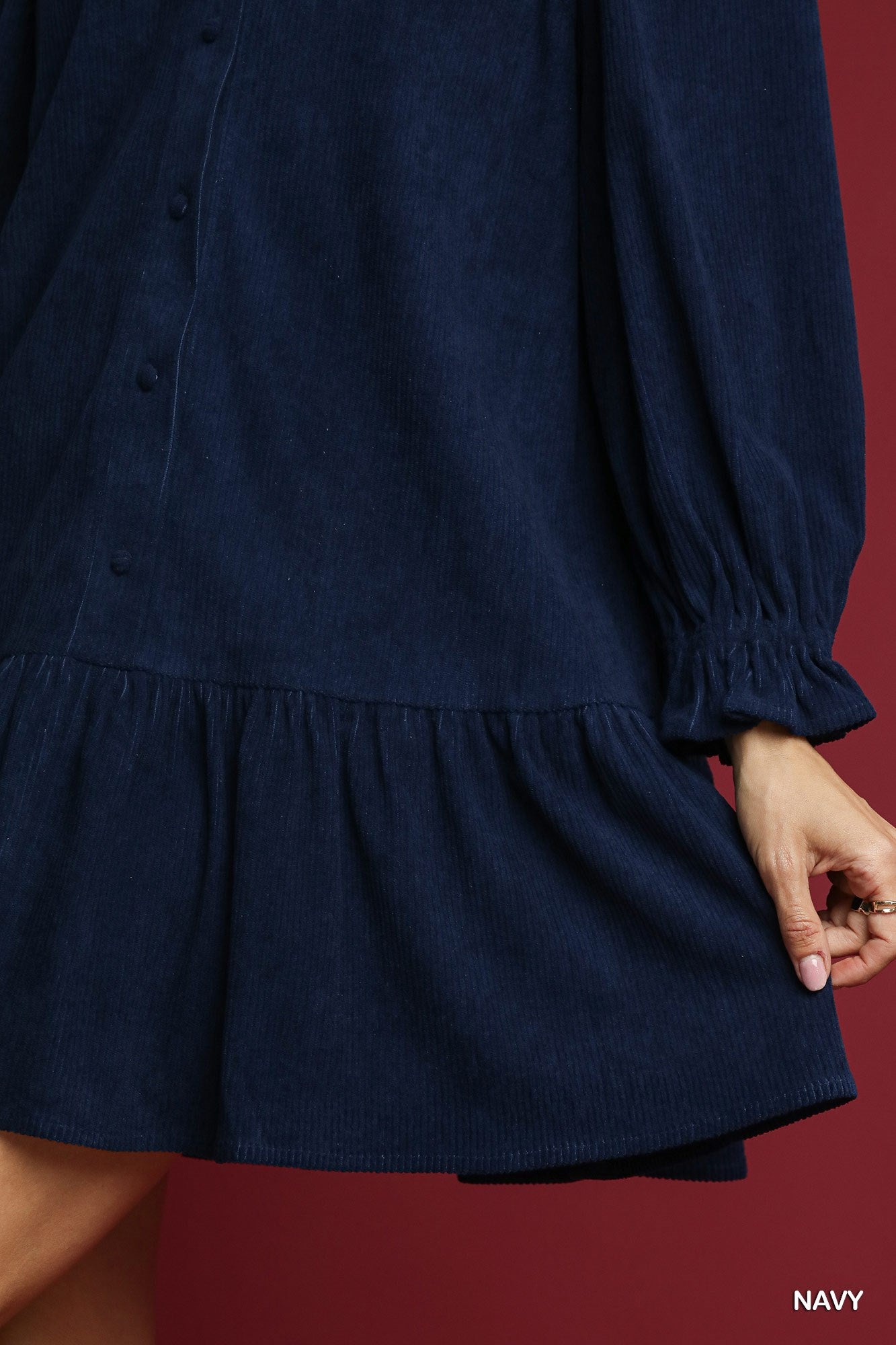 Navy Corduroy Ruffle Trim Babydoll Dress