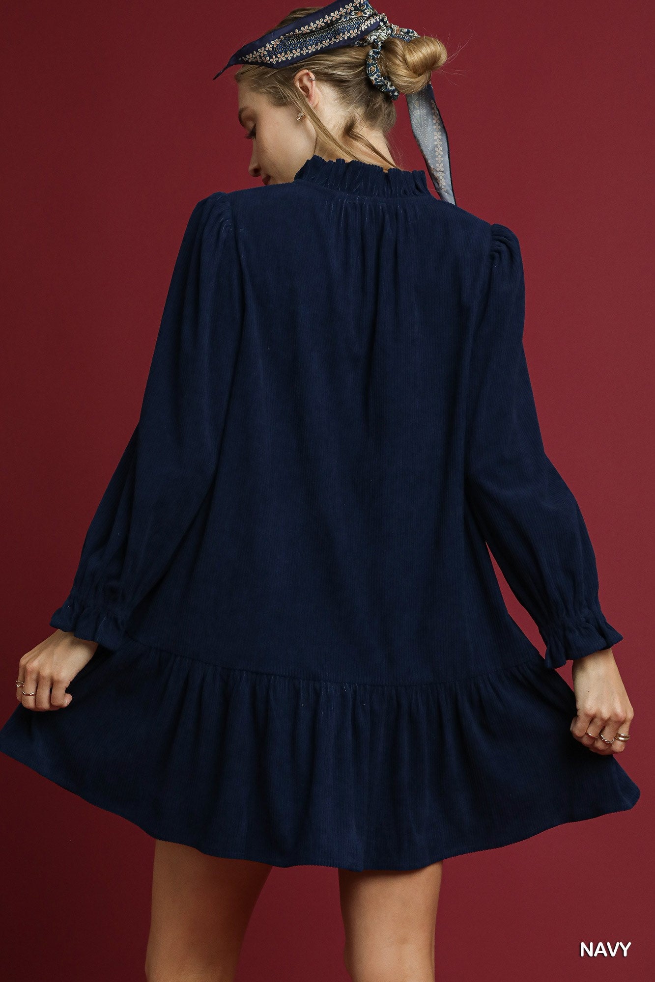Navy Corduroy Ruffle Trim Babydoll Dress