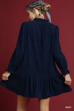 Load image into Gallery viewer, Navy Corduroy Ruffle Trim Babydoll Dress
