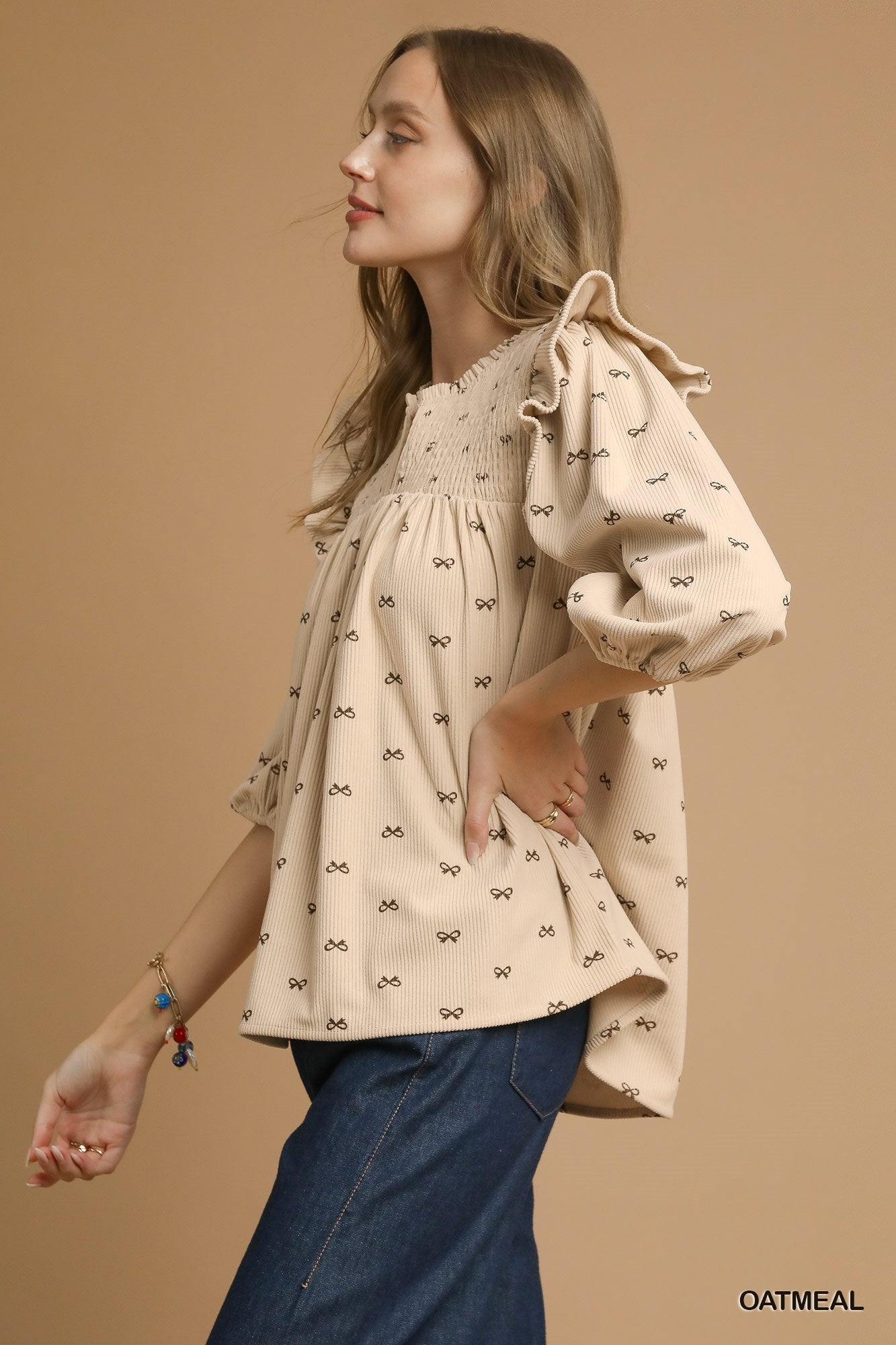 Bow Print Corduroy Top