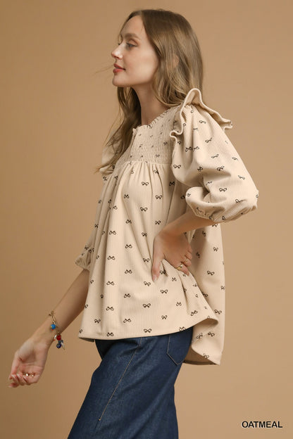Bow Print Corduroy Top